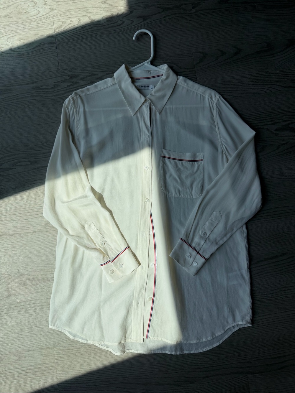 Equipment White Button-Up Silk Shirt with Red & Blue Trim Detail